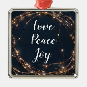 Ornement Carré Argenté Feux de Noël Love Peace Joy Texte personnalisé
