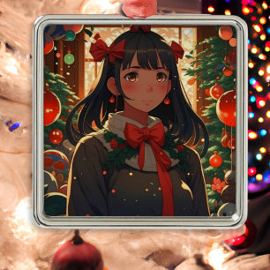 Ornement Carré Argenté Fille Anime Festive la Nuit de Noël