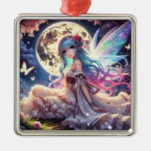 Ornement Carré Argenté Fille Anime Princesse Fée de la Lune dans un Jardi
