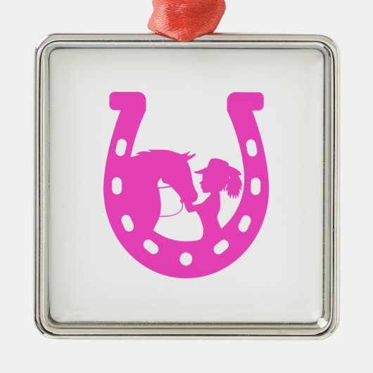 Ornement Carré Argenté Fille avec cheval et Casquette occidental Hot rose (Devant)