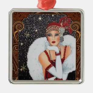 Ornement Carré Argenté Fille Flapper de Noël Ciel nocturne étoilé