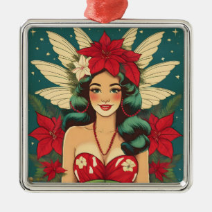Ornement Carré Argenté Fille pin-up de Noël tropical rétro des années 50