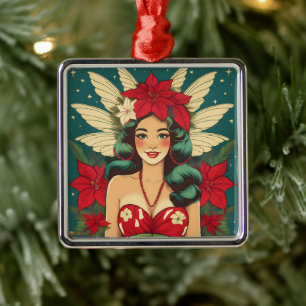 Ornement Carré Argenté Fille pin-up de Noël tropical rétro des années 50