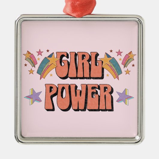 Ornement Carré Argenté Fille Power conception de texte avec étoiles (Devant)