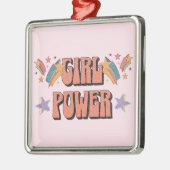 Ornement Carré Argenté Fille Power conception de texte avec étoiles (Gauche)