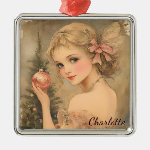 Ornement Carré Argenté Fille Vintage personnalisée avec Bauble rose