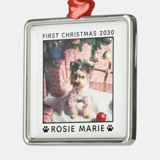 Ornement Carré Argenté First Christmas Chien Photo Nom Empreintes de patt (Gauche)