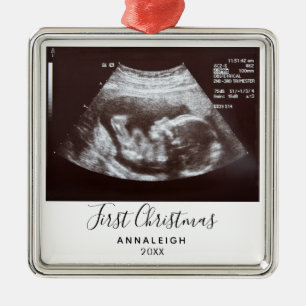 Ornement Carré Argenté First Christmas Pregnancy Ultrasound Photo Custom