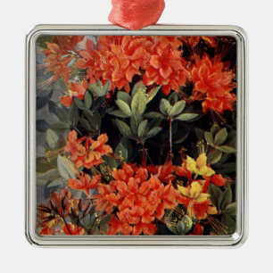 Ornement Carré Argenté Flamme vintage Azalea Fleurs Rouges Jardin Floral