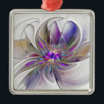Ornement Carré Argenté Fleur d'art Abstrait, énergique et coloré<br><div class="desc">Une puissante fleur d'imaginaire multicolore,  un art fractal floral unique. Conception pour votre ornement de métal rectangle et plus encore.</div>