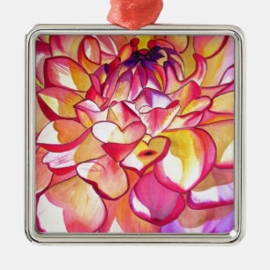 Ornement Carré Argenté Fleur de dahlia rose aquarelle beaux-arts