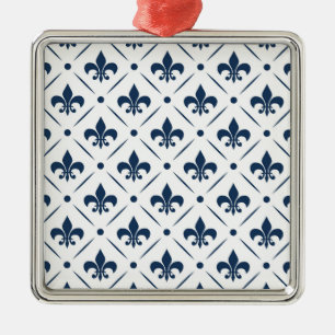 Ornement Carré Argenté Fleur De Lis bleu foncé motif sur arrière - plan b