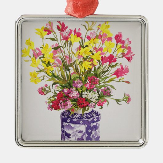 Ornement Carré Argenté Fleurs dans un pot chinois (Devant)