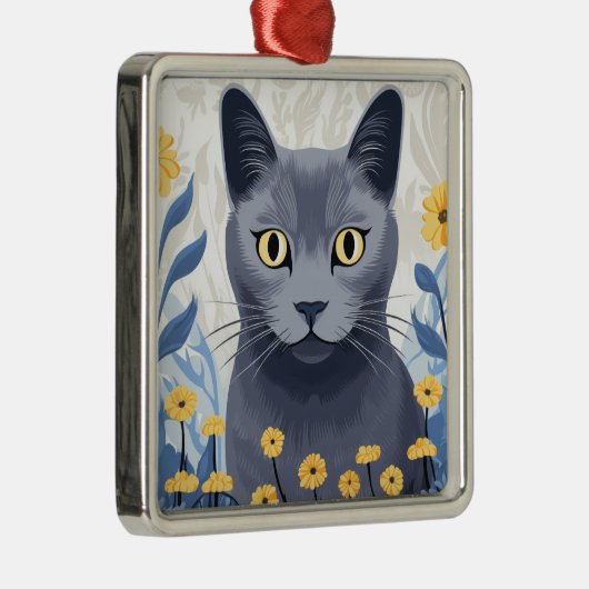 Ornement Carré Argenté Fleurs Jaunes Chat Bleu Russe (Droite)