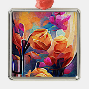 Ornement Carré Argenté Floral Abstract Art Orange Red Blue Flowers