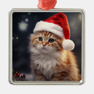 ORNEMENT CARRÉ ARGENTÉ FLUFY HOLIDAY ORANGE BLANC TABBY KITTEN
