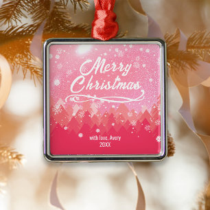 Ornement Carré Argenté Forêt de Neige Rose Paisible Personnalisé Joyeux N