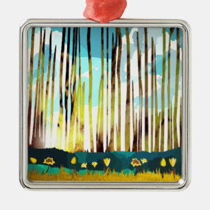 Ornement Carré Argenté Forêt matinale
