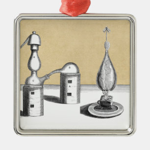 Ornement Carré Argenté Four d'alchimie d'Athanor et flacon d'alambic