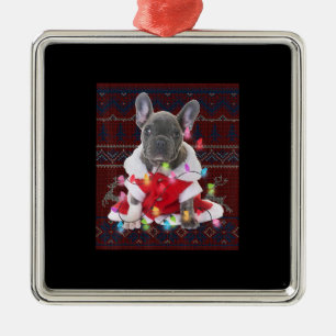 Ornement Carré Argenté French bulldog Christmas Lights Ugly Sweater Dog