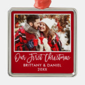 Ornement Carré Argenté Frush Script Our First Christmas Couple Red (Devant)