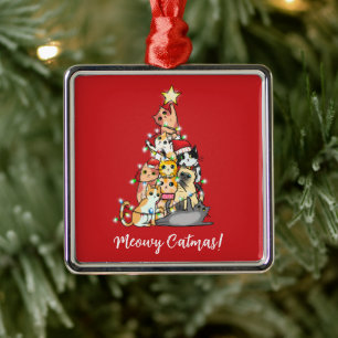 Ornement Carré Argenté Fun Meowy Catmas Chats Noël Arbre