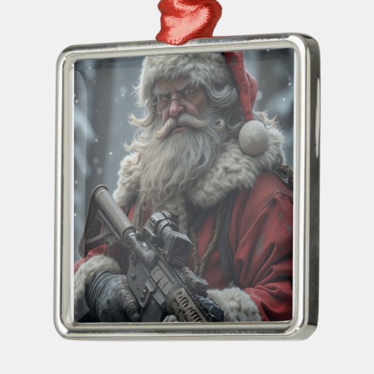Ornement Carré Argenté Funny Deuxième amendement Père Noël (Gauche)