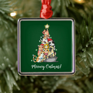 Ornement Carré Argenté Funny Meowy Catmas Chats Noël Arbre