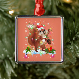 Ornement Carré Argenté Funny Squirrel Christmas Decorations Santa Hat Xma