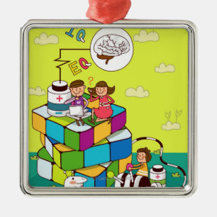 Ornement Carré Argenté Garçon avec une fille s'asseyant sur le puzzle du