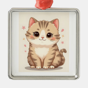 Ornement Carré Argenté Gleeful Chat : Sweet Kawaii Kitten Art pour n'impo
