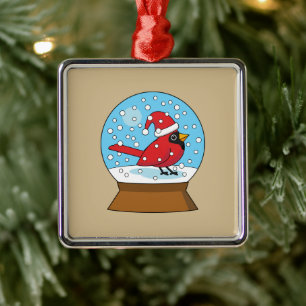 Ornement Carré Argenté Globe des neiges avec cardinal rouge mignon
