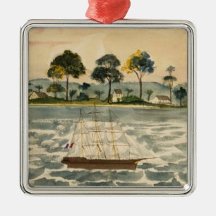Ornement Carré Argenté Goélette sur l'eau