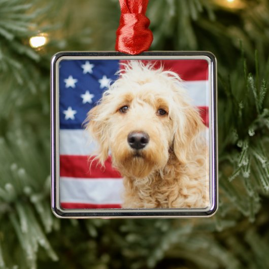 Ornement Carré Argenté Goldendoodle avec drapeau américain (Arbre)