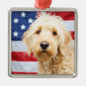Ornement Carré Argenté Goldendoodle avec drapeau américain (Devant)