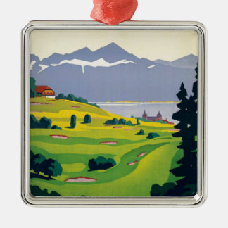 Ornement Carré Argenté Golf vintage Lausanne City Lac Suisse