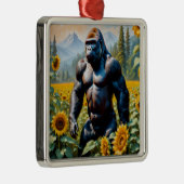 Ornement Carré Argenté Gorille Ape Dans Un Champ De Tournesol (Droite)
