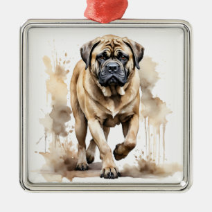 ORNEMENT CARRÉ ARGENTÉ GRAND CHIEN MASTIFF BRUN FONCÉ ET NOIR