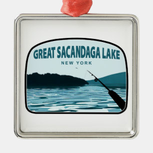 Ornement Carré Argenté Grand lac Sacandaga New York Canne à pêche