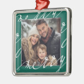 Ornement Carré Argenté Green Fancy Script "Joyeux" Photo de Noël (Gauche)
