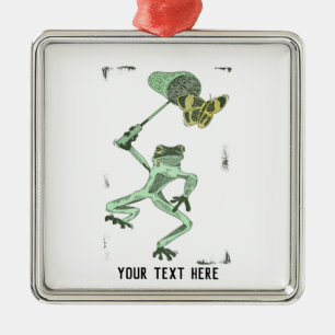 Ornement Carré Argenté Grenouille amusante pourchassant un papillon