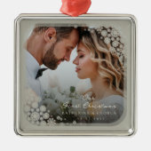 Ornement Carré Argenté Gris Snowflakes Frame Moderne Vacances Mariage Pho (Devant)