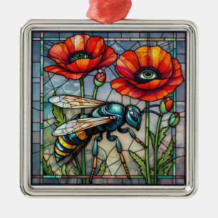 Ornement Carré Argenté Guêpe frelon abeille vitrail fleur de pavot vibran
