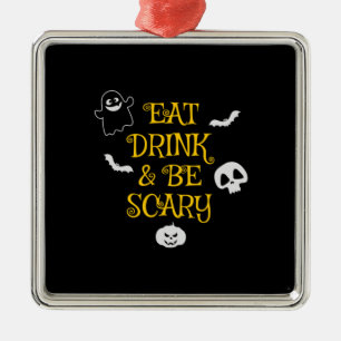 Ornement Carré Argenté Halloween Eat Drink and Be Scary Birthday