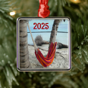 Ornement Carré Argenté Hammock on Caribbean Beach Ornament