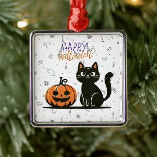Ornement Carré Argenté Happy Halloween chat et citrouille