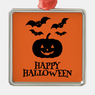 Ornement Carré Argenté Happy Halloween Citrouille Bat Minimal