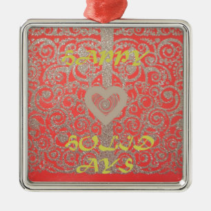 Ornement Carré Argenté Happy Holidays Red Glitter heart design