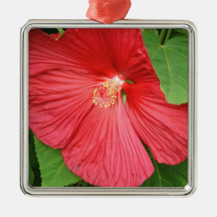 Ornement Carré Argenté Hibiscus Flower Bright Magenta