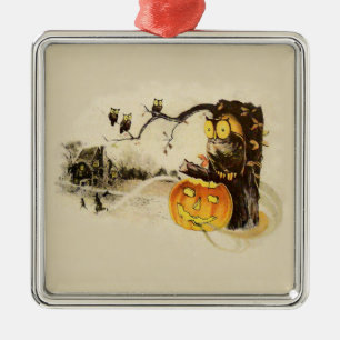 Ornement Carré Argenté Hibou Jack O'Lantern Arbre Citrouille